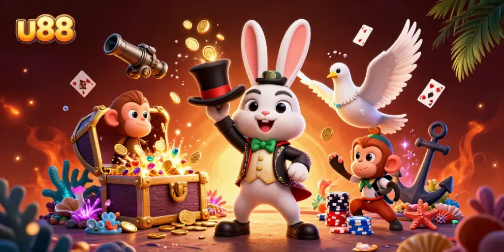 Experience exciting gameplay at u88 with a vibrant casino scene filled with magical elements and treasures.