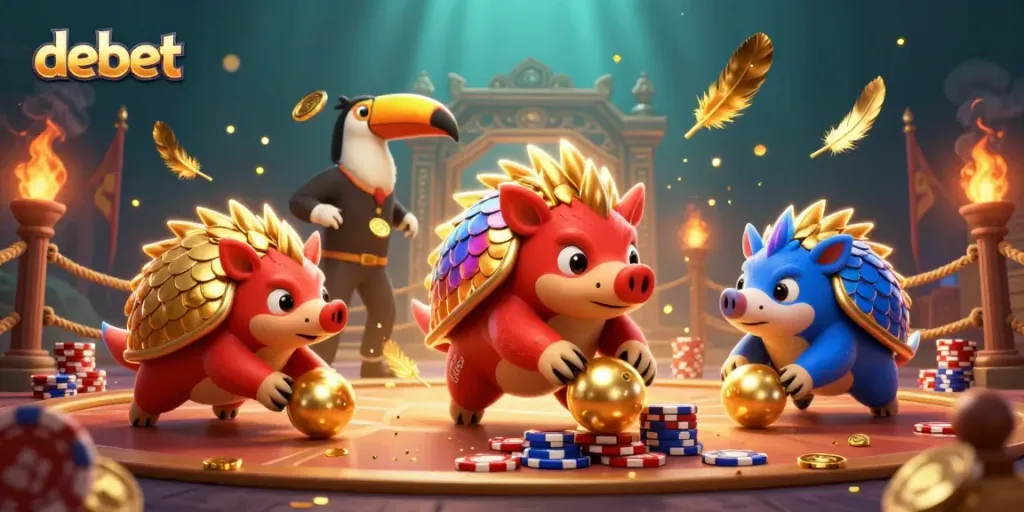 Engaging 3D illustration of debet featuring rival pangolins in a vibrant casino setting with golden chips.