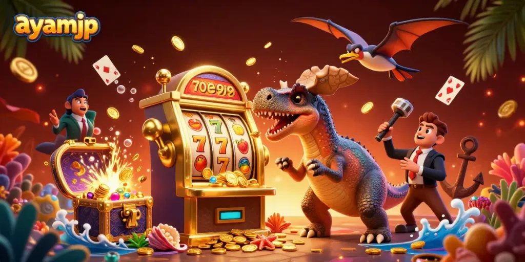 Experience thrill with ayamjp as dinosaurs interact with a vibrant casino scene, showcasing slots and coins.