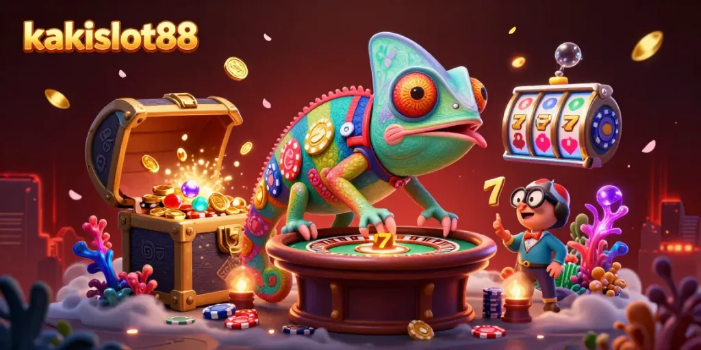 Gamer menikmati kemewahan permainan di kakislot88 dengan slot ceria dan karakter chameleon yang unik.