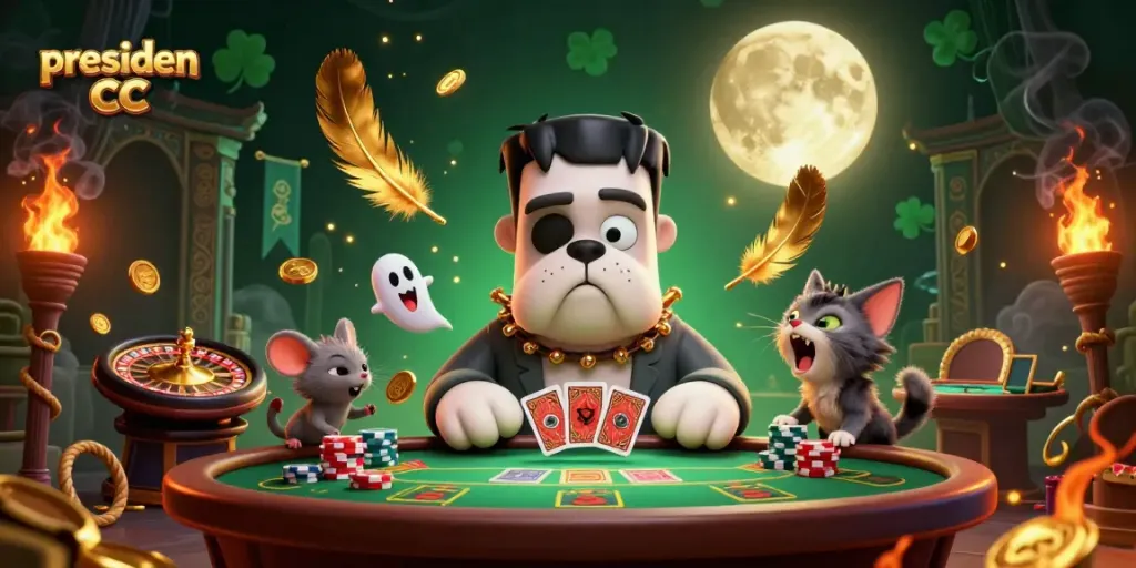 Experience thrilling card games with presiden cc in an ultra-detailed immersive illustration featuring unique characters.