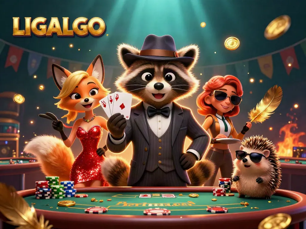 LIGALGO brings excitement as a suave raccoon shows a royal flush, enchantingly illustrated in vibrant casino atmosphere.