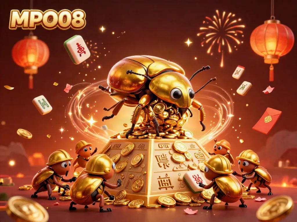 MPO08 showcases a golden dung beetle rolling coins in a vibrant, festive lottery-themed scene.