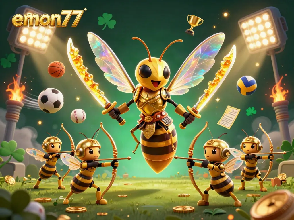 Experience the dynamic gaming atmosphere with emon77, featuring a golden hornet in samurai armor amidst interactive sports elements.