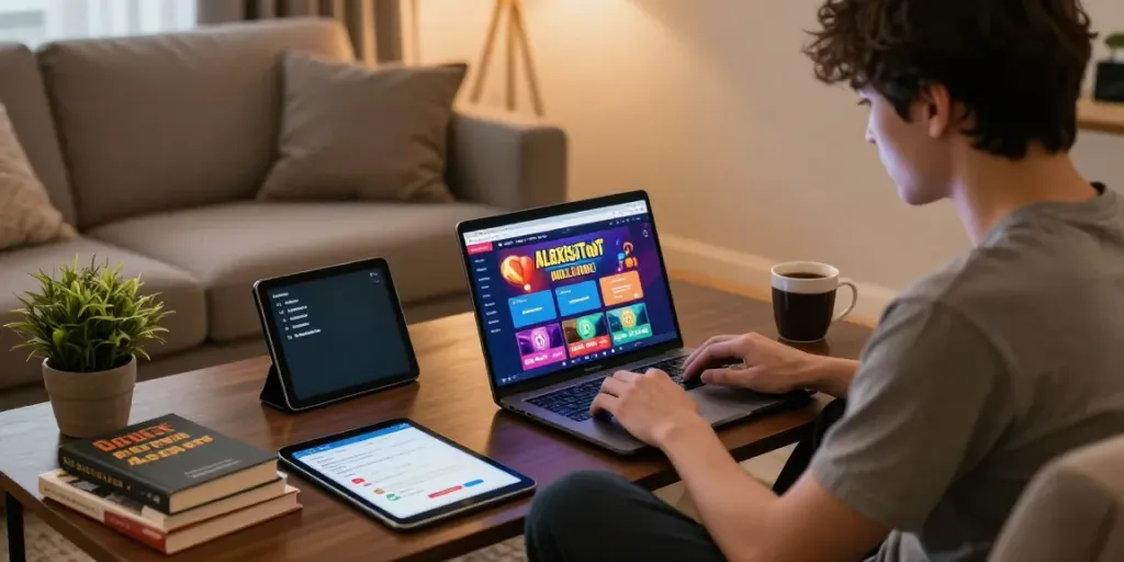 Seorang pemain terfokus dengan laptop menampilkan situs Alexistoto, suasana nyaman di ruang tamu.