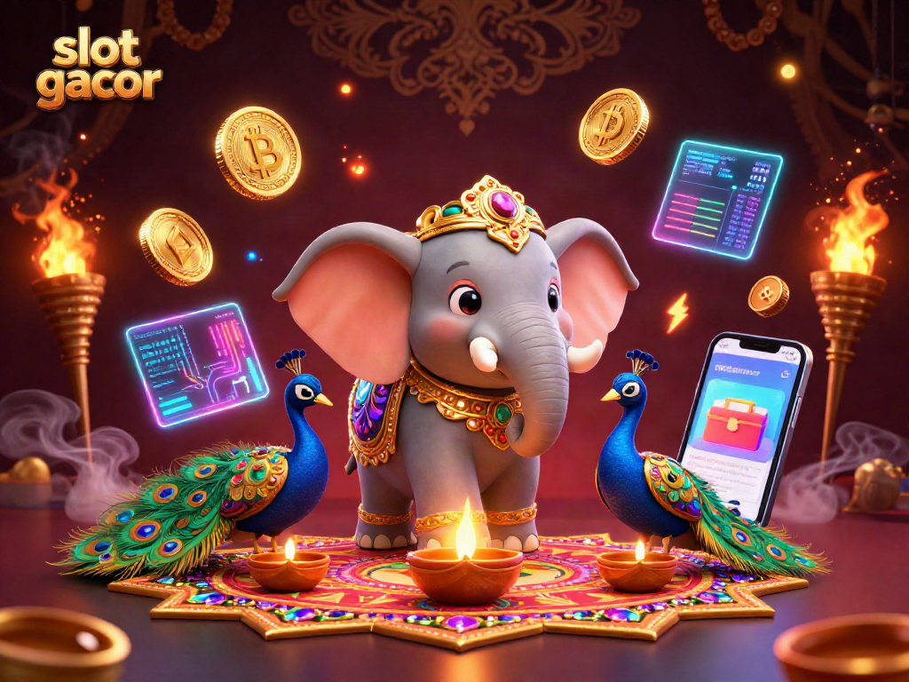 Menangkan slot gacor dengan elemen kasino digital, gajah kecil dan burung merak berwarna-warni