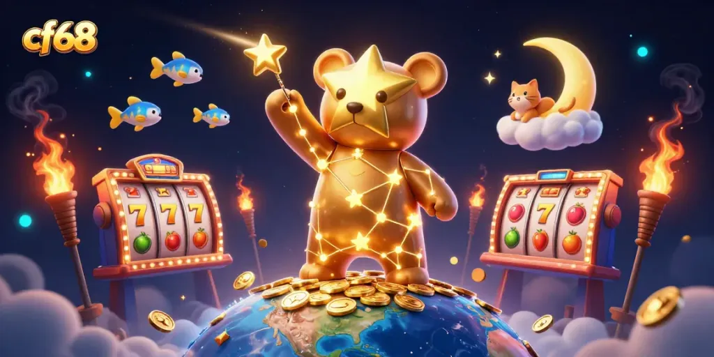 Experience the thrill of cf68 casino games, with a vibrant scene of characters and slot reels.