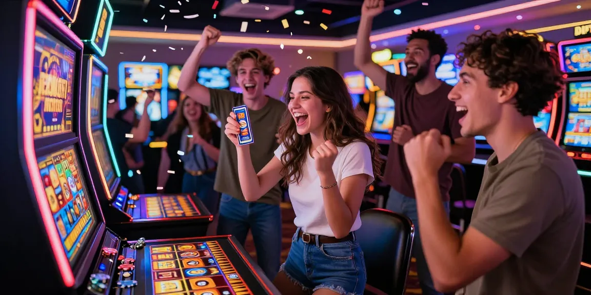 Menang besar di slot online dalam suasana penuh kebahagiaan di kasino, teman merayakan kemenangan dengan keceriaan.