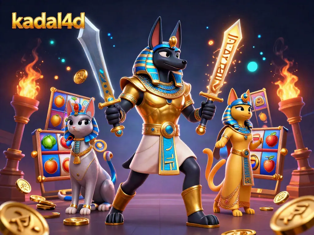 Experience kadal4d's thrilling slot action with Anubis and Bastet amidst a vibrant casino scene.