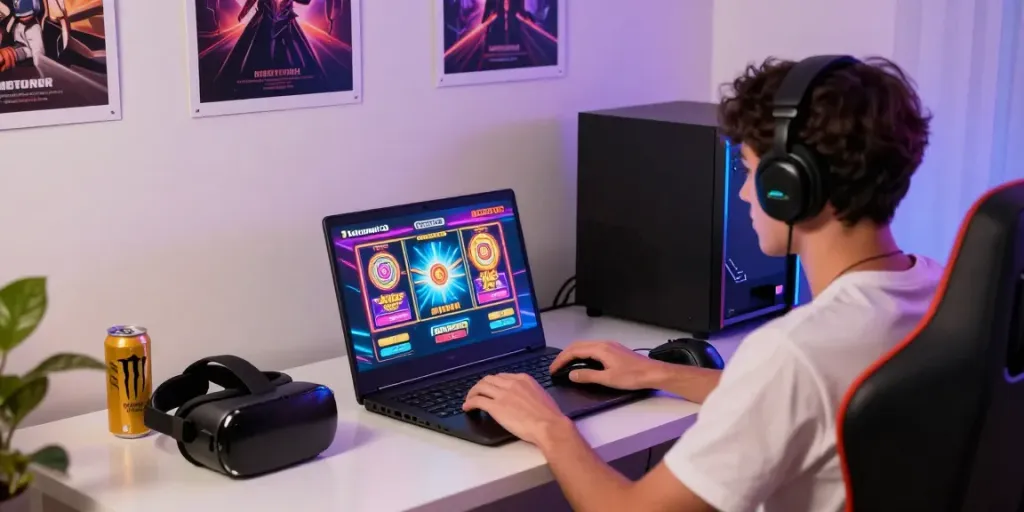 Pengalaman bermain slot online di bukumimpi138 dengan pemain terfokus dan perangkat gaming modern.