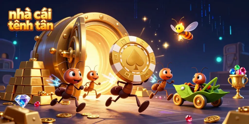 Ants executing a heist for golden poker chips at a vibrant casino, showcasing house money promotions.