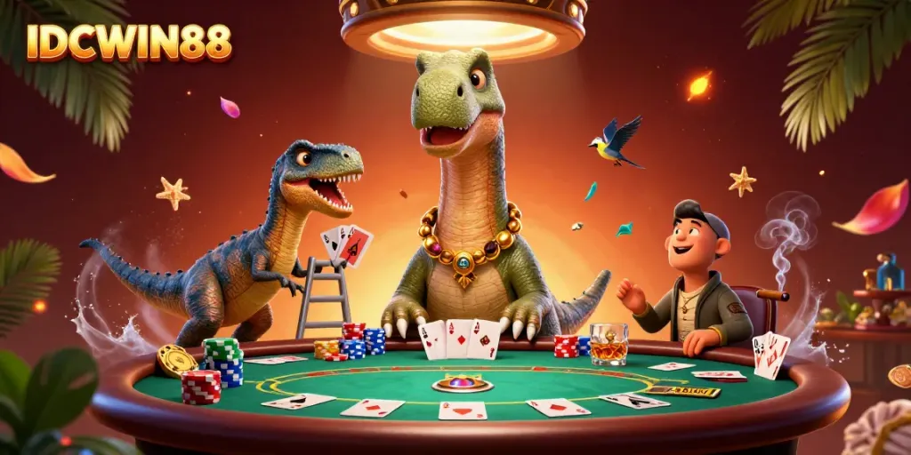 Experience the vibrant casino atmosphere at IDCWIN88 with a playful 3D scene of dinosaurs at a poker table.