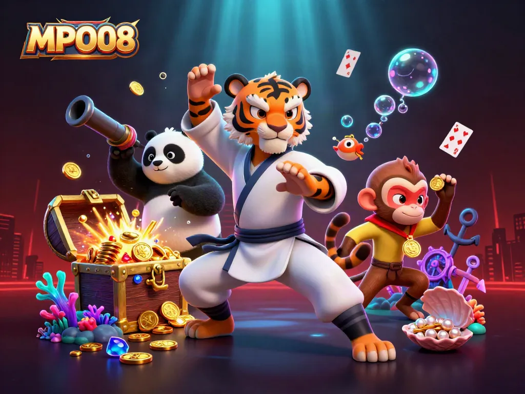 MPO08 showcases an exciting 3D illustration of a kung fu tiger master, panda disciple, and monkey student in a vibrant casino-themed scene.