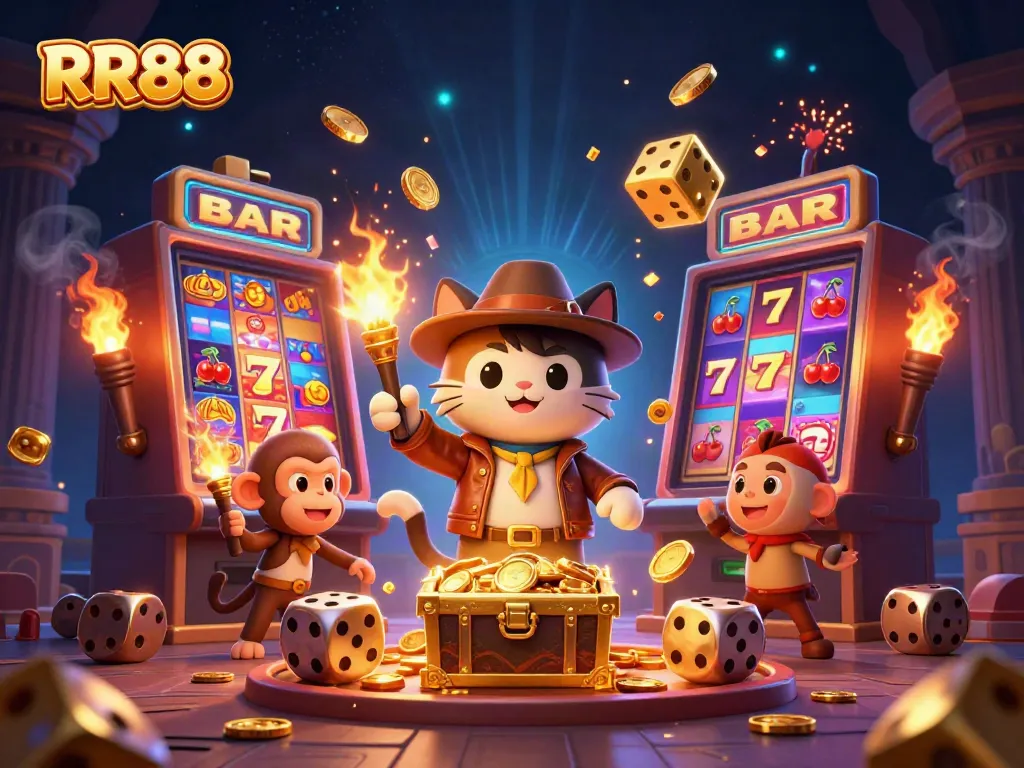 RR88 gamer explores a vibrant casino discovery with dynamic golden artifacts and exciting gaming elements.