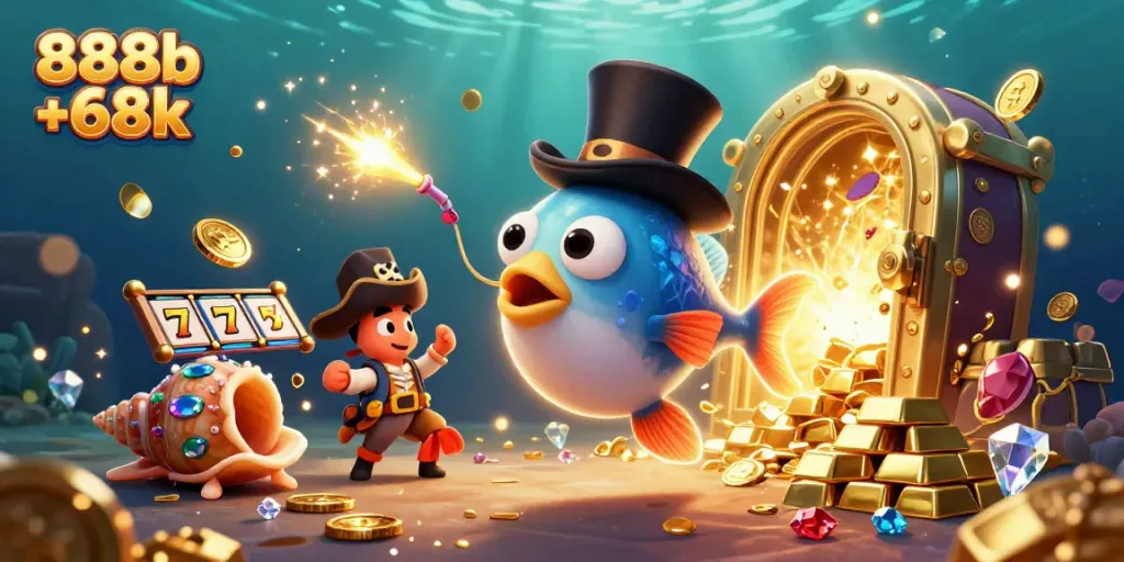 Experience thrilling gameplay with 888b +68k, featuring animated casino elements and glowing treasures.
