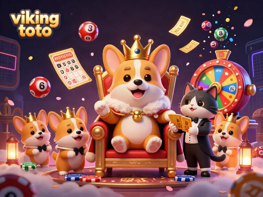Engage with viking toto's thrilling lottery scene featuring a royal corgi and vibrant elements.