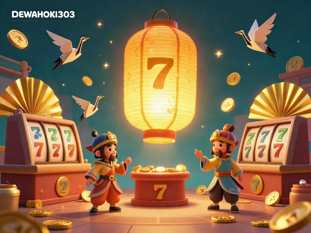 Permainan slot menarik dari DEWAHOKI303 dengan karakter kasino yang mencolok di latar belakang yang indah.