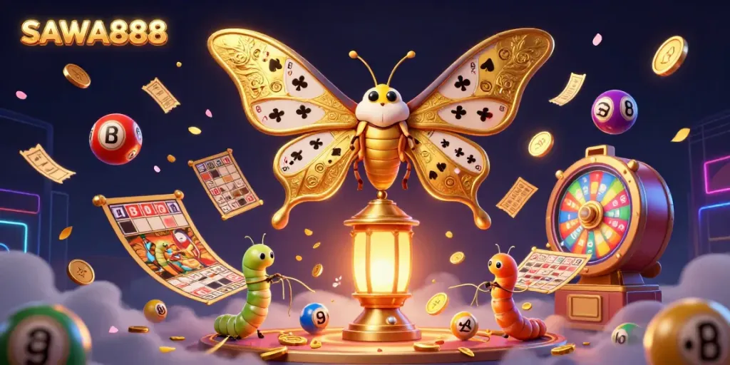 Engage with SAWA888's vibrant casino world through this enchanting moth scene filled with lottery excitement and golden threads.