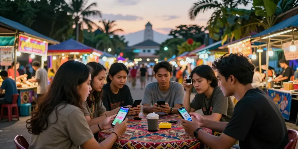 Suasana pasar kota Indonesia dengan teman-teman berinteraksi tentang alexistoto, memegang perangkat mobile.