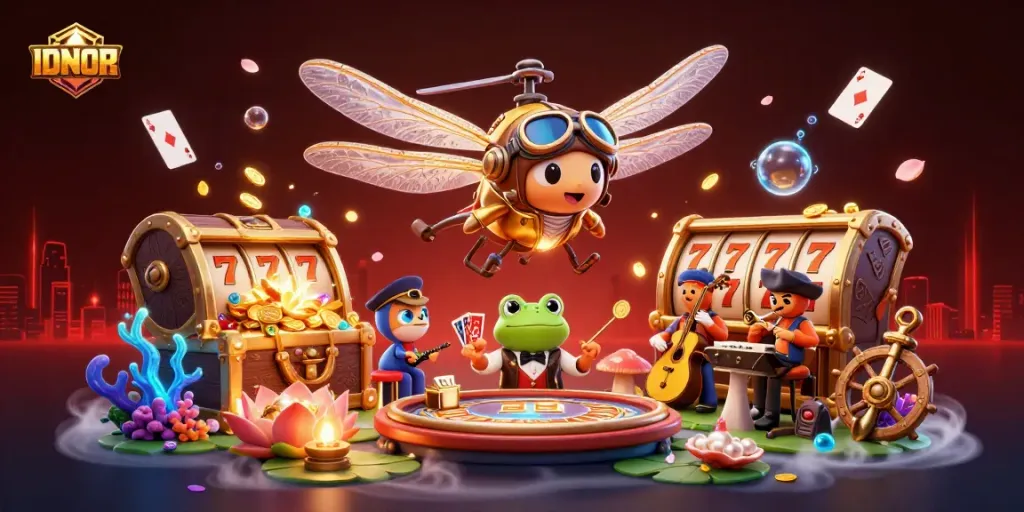 Experience thrills with IDNSCORE in a lively 3D casino scene featuring slot reels and a croupier.