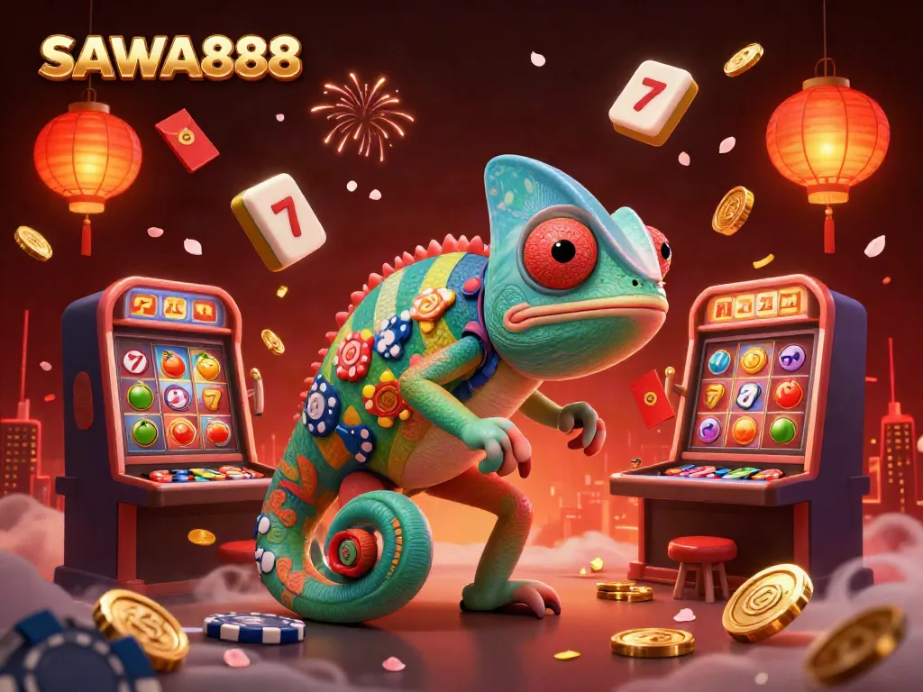 Engage with SAWA888's vibrant casino scene featuring a chameleon casino owner and vibrant slot machines.