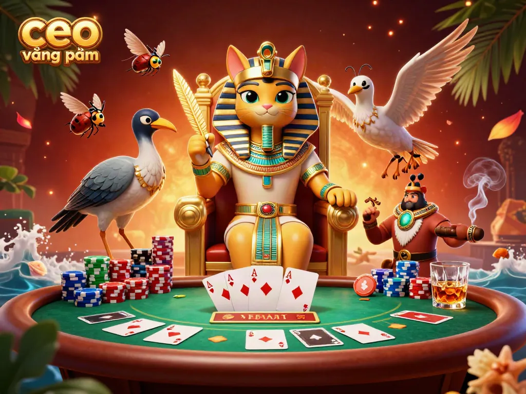 Experience exhilarating poker action with the Egyptian pharaoh cat and ibis scribe in a vibrant casino scene featuring ceo vương phạm.