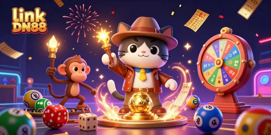Engage with the vibrant world of "link DN88" as an explorer cat uncovers a casino treasure amidst a dynamic scene.