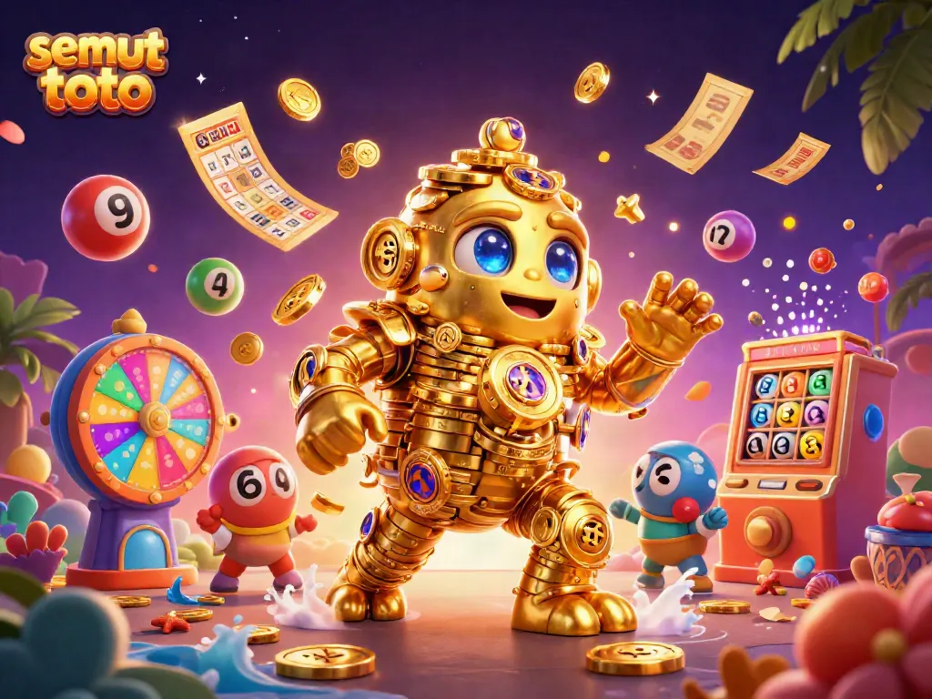 Menangkan hadiah di semut toto dengan golem emas berputar dan bola lotere berwarna.