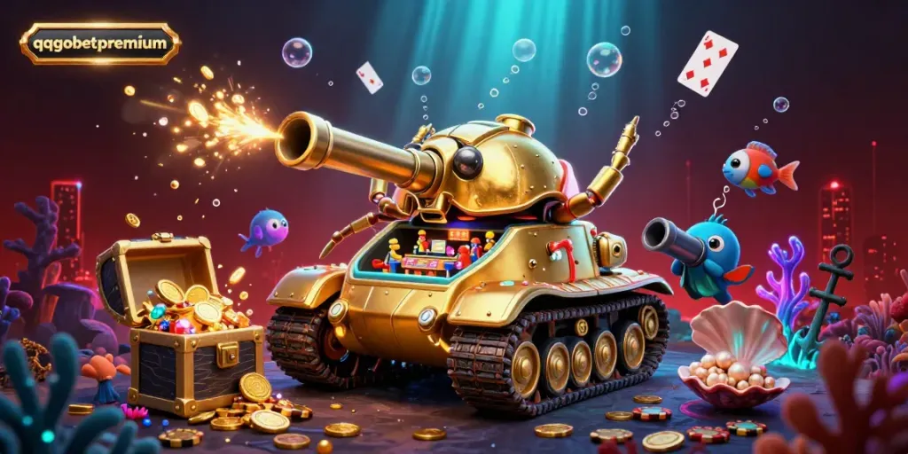 Engage with the thrilling world of qqgobetpremium's miniature casino inside a golden beetle tank amidst a vibrant underwater scene.