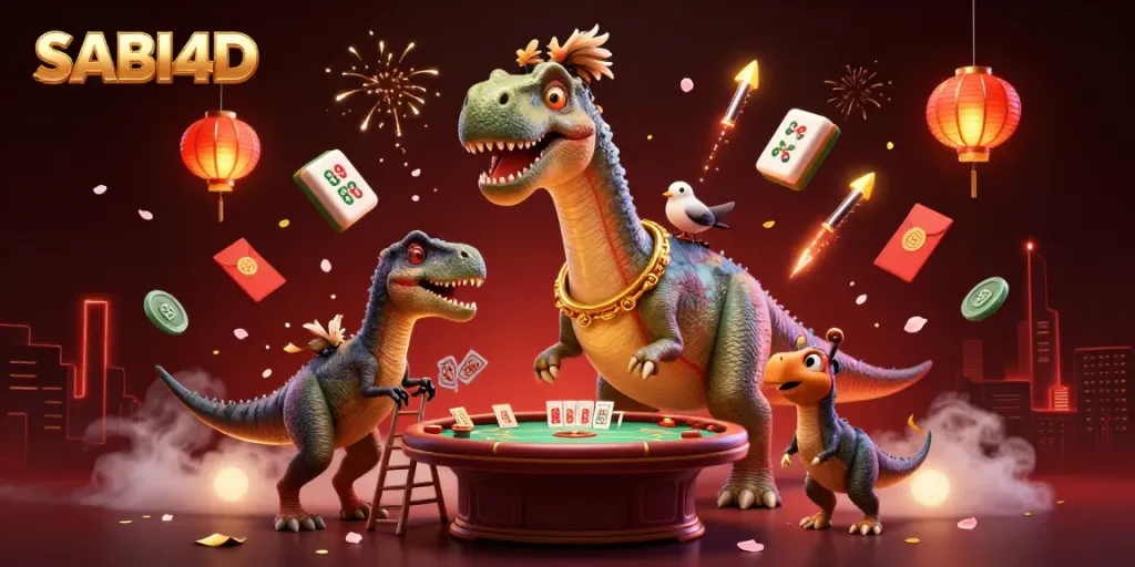 Melihat hasil prediksi SABI4D yang ditampilkan secara dramatis oleh karakter dinosaurus dan raptor di kasino.