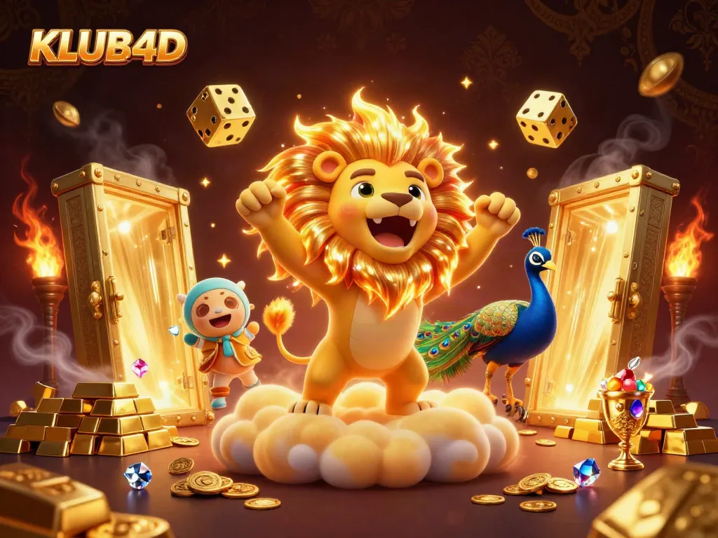 KLUB4D mempersembahkan ilustrasi 3D kucing matahari yang bertenaga, dikelilingi kekayaan judi yang bersinar.