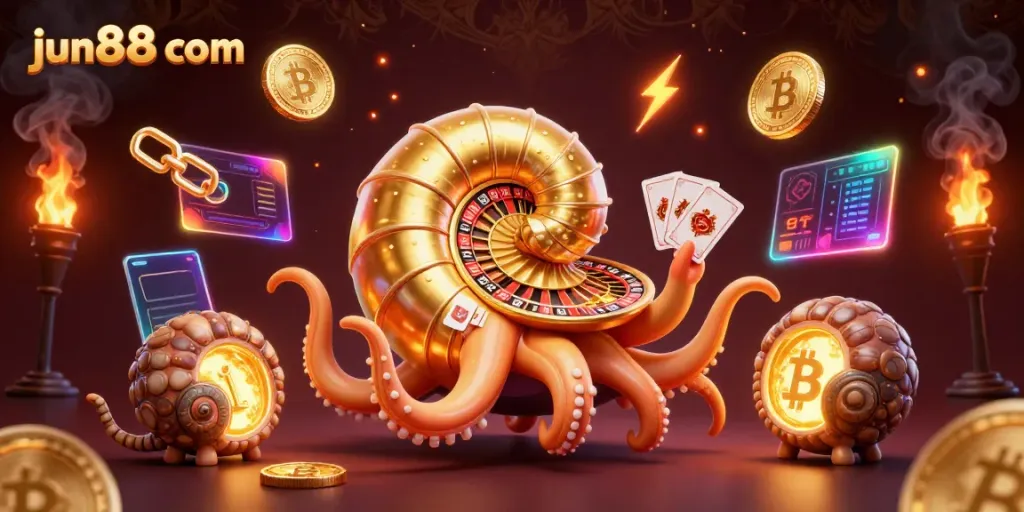 Experience excitement at jun88 com with vibrant 3D casino characters and glowing crypto elements.