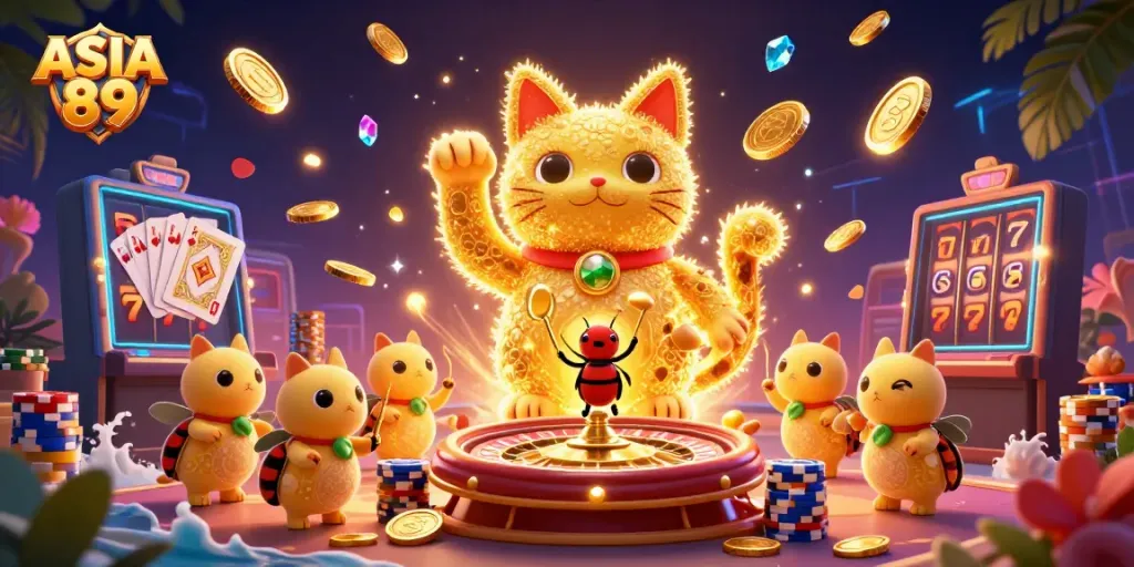 Experience the excitement of ASIA 89 with vibrant casino elements featuring a giant lucky cat and dynamic symbols.