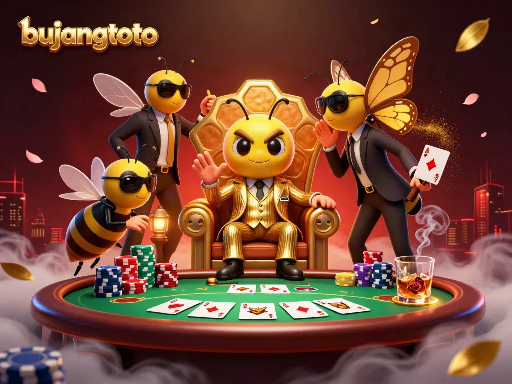 Engage with bujangtoto's dynamic casino scene featuring a bumblebee mob boss amidst vibrant poker elements.