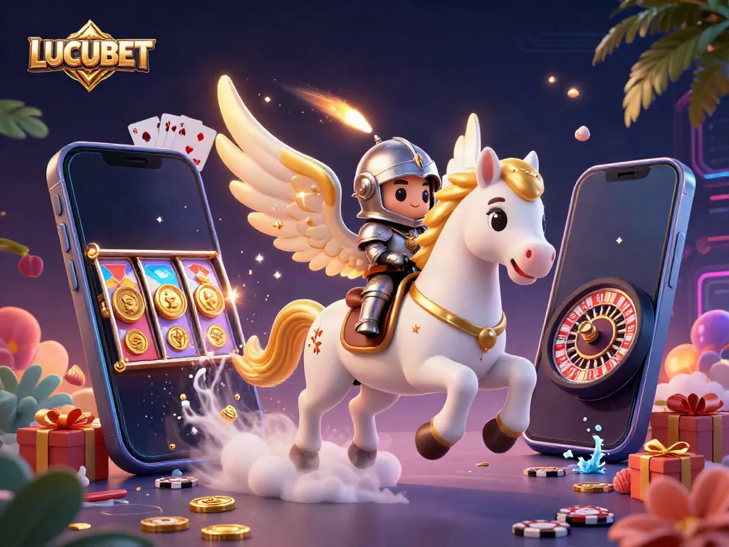 LUCUBET showcases a celestial horse in a vibrant casino scene with a smartphone and gaming elements.