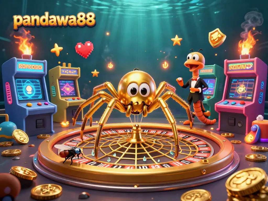 Permainan taruhan dengan pandawa88 dan laba-laba emas yang berputar di atas roda roulette