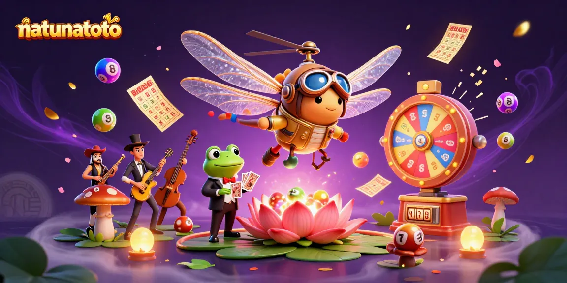 Join the thrill at natunatoto with a dynamic frog croupier dealing cards amidst colorful lottery elements.