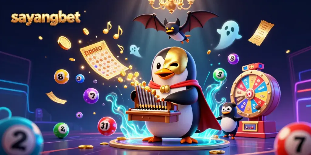 Sayangbet menghadirkan slot fantastis dengan penguin yang bermain organ dan koin emas yang meluncur.