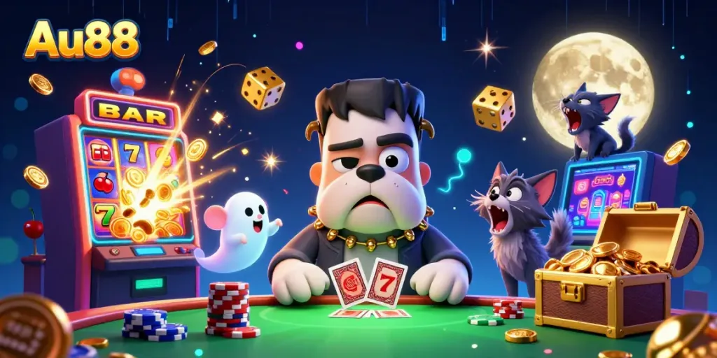 Experience thrilling gameplay with Au88 in an energetic 3D casino scene featuring vibrant characters and exciting slots.