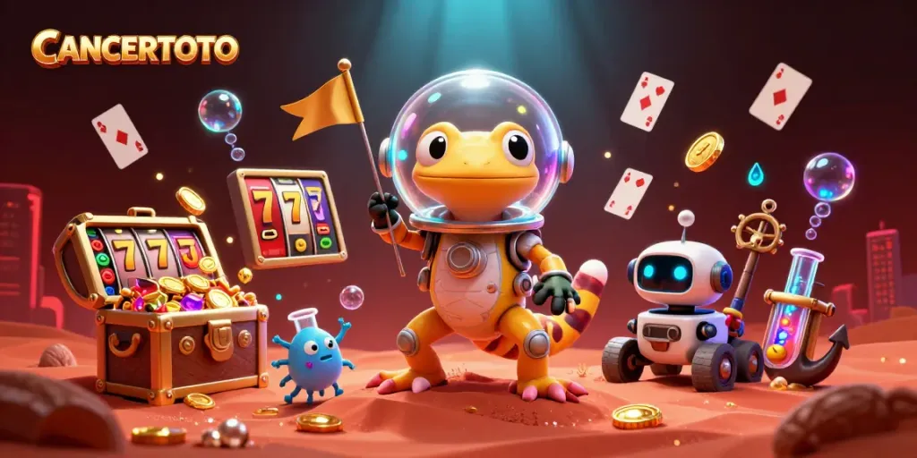 CANCERTOTO characters celebrate winning at a dazzling Martian casino, surrounded by slot reels and treasures.