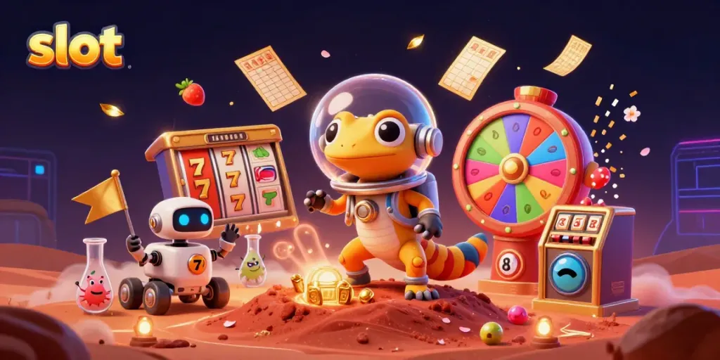 Slot menampilkan gecko Mars dan rover robot di kasino, dikelilingi grafik menarik.