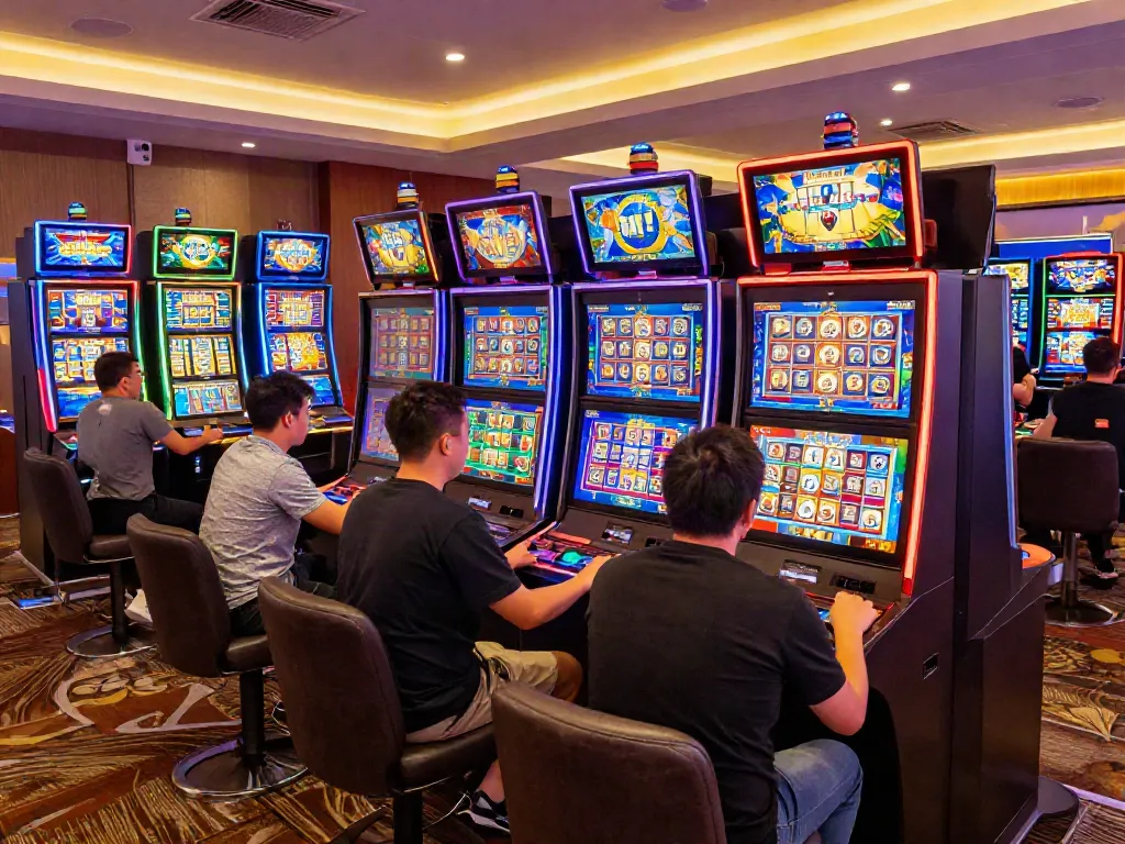 Players enjoying slot gacor machines in a lively casino atmosphere.