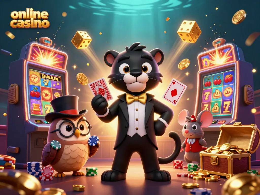 Join the excitement of an online casino with a black panther dealer at a vibrant gaming scene.