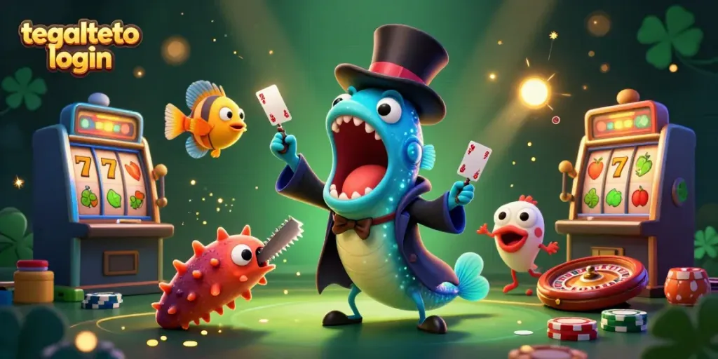 Engage with the tegaltoto login experience in a vibrant animated casino scene featuring fantastical sea creatures.