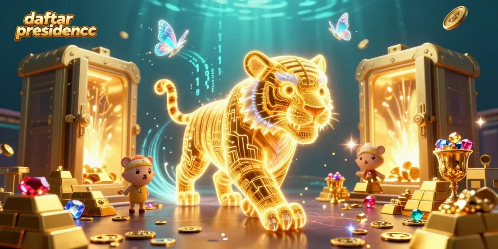 Experience gaming magic with daftar presidencc surrounded by treasures in a vibrant digital casino scene.