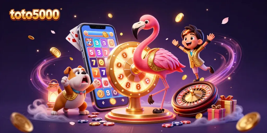 Watch toto5000's exciting game show with a flamingo and bulldog, showcasing vibrant slot games.
