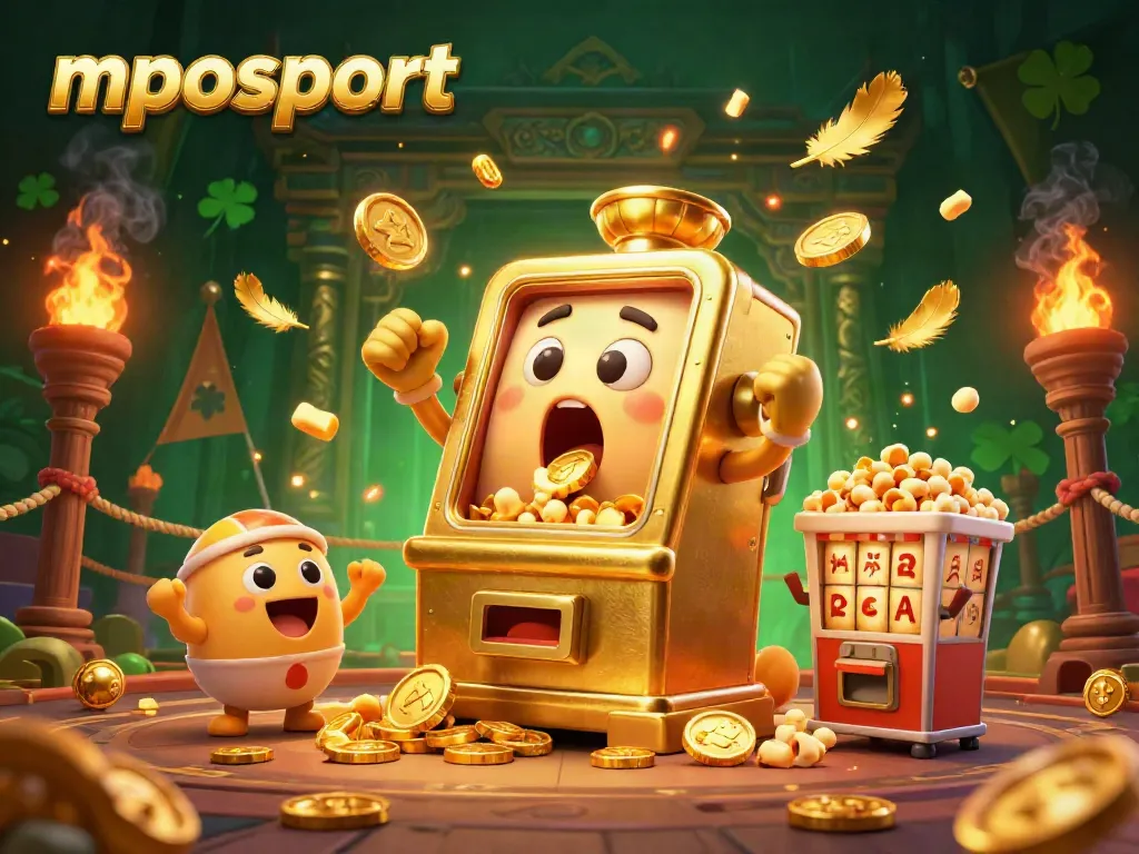 Permainan di mposport menampilkan mesin slot emas yang memenangkan jackpot dengan koin berjatuhan.