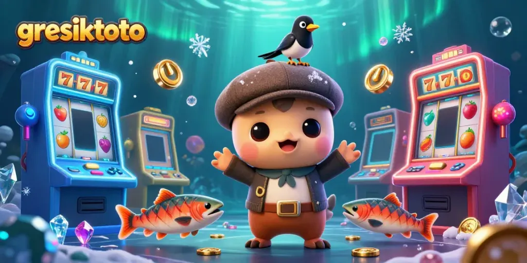 Experience thrilling wins with gresiktoto's 3D cartoon illustration of slots and playful characters.
