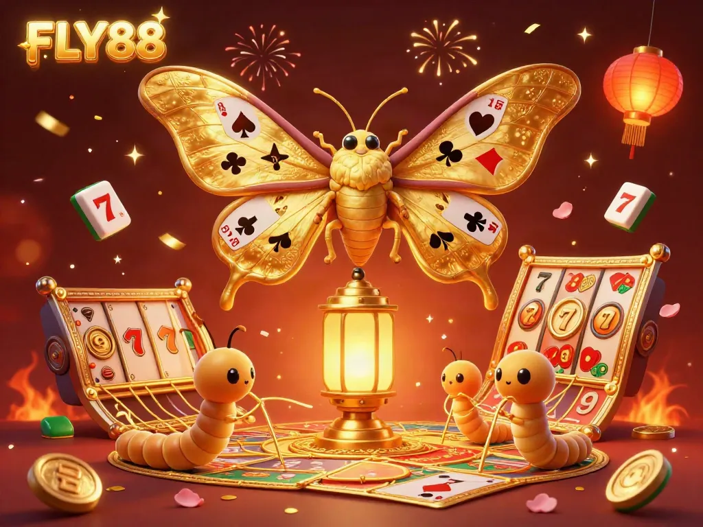 Engage with FLY88's thrilling casino adventure featuring vibrant golden moth and majestic game elements.