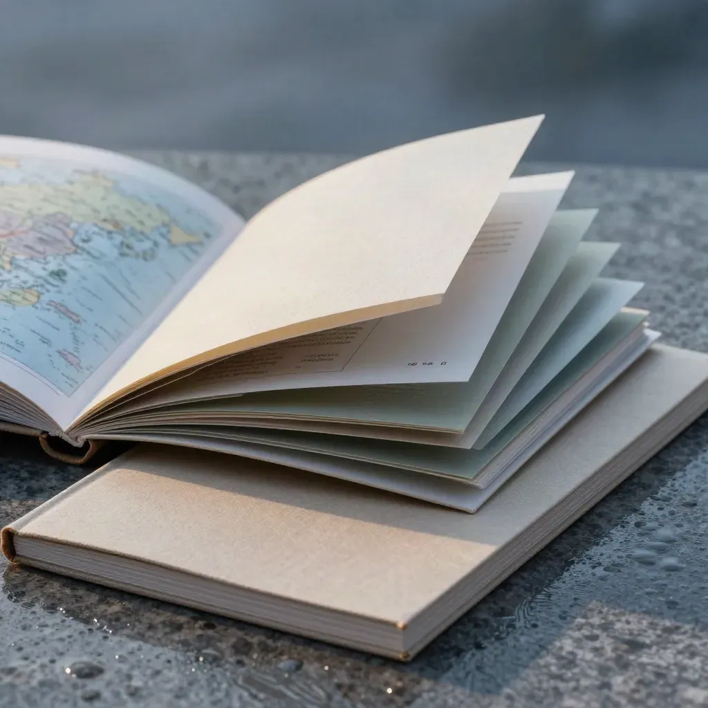 Folio laporan pasar Asia di atas batu basah, dengan kartu dan booklet berlapis.